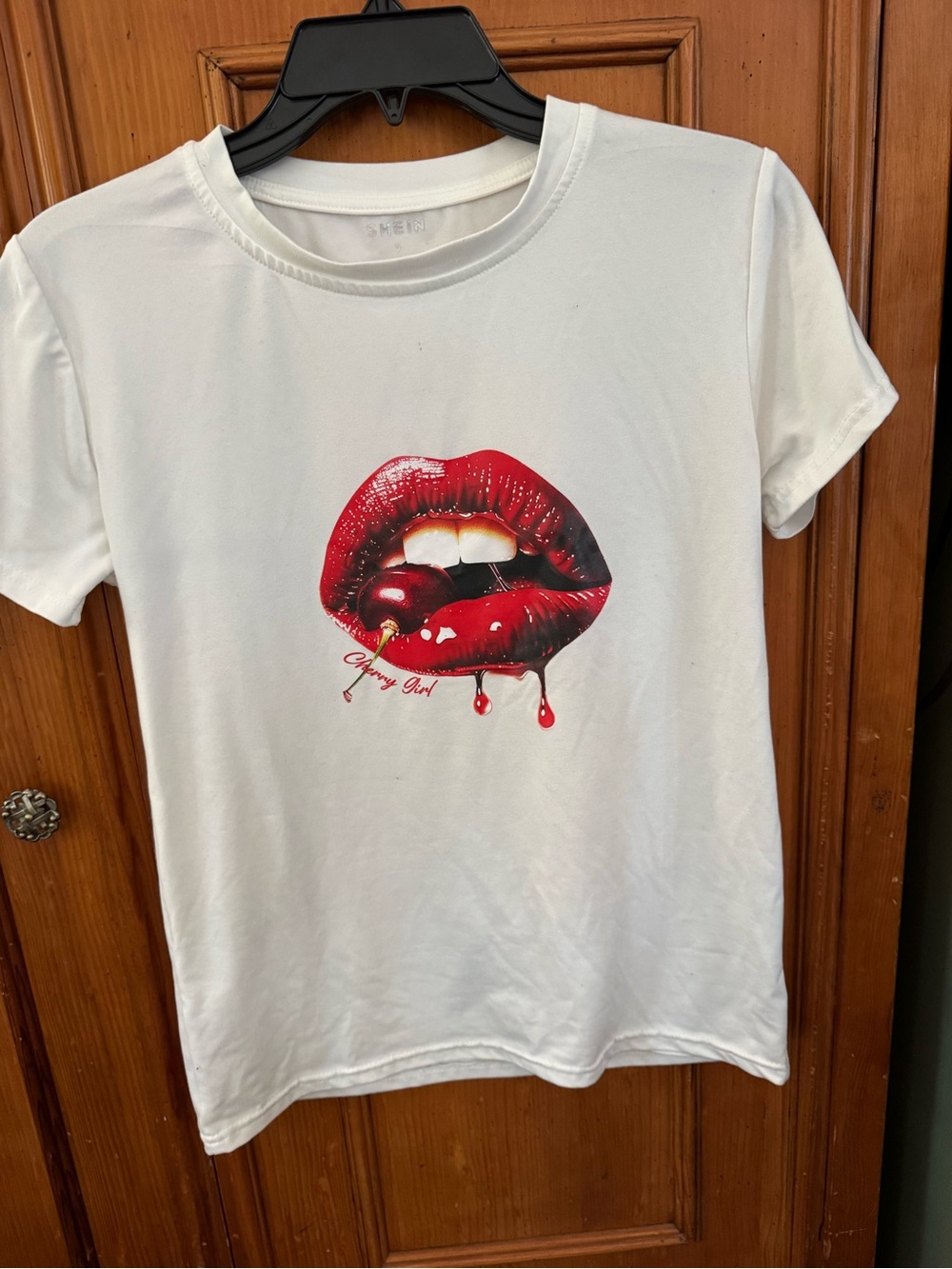 SHEIN White Short Sleeve Tee with Red Lip & Cherry Graphic